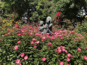須和田公園の少女の像とバラ