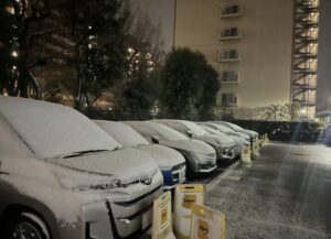市川駅近くタイムズ駐車場の積雪状況（2026年2月8日午前5時頃撮影）