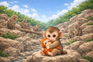 市川市動植物園の子猿「パンチ」が話題｜ぬいぐるみを抱く理由と群れでの成長