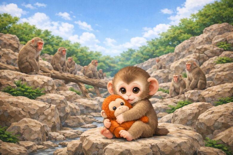 市川市動植物園の子猿「パンチ」が話題｜ぬいぐるみを抱く理由と群れでの成長