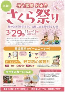 妙正寺さくら祭り2026の告知ポスター。2026年3月29日(日)11時~15時に妙正寺で開催、キッチンカーや無料ゲームコーナー、野菜詰め放題などを案内するポスター