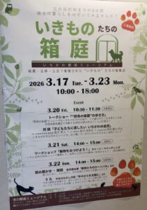 市川駅前ミュージアムで開催される「いきものたちの箱庭」のポスター。2026年3月17日(火)~23日(月)10:00~18:00、入場無料。展示と関連イベントの日程が掲載された案内ポスター。(2026年3月11日筆者撮影)