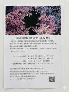 妙正寺「夜桜参り」開催案内ポスター。満開の桜と月の写真入りで、ライトアップ期間や時間、白龍神桜波図の公開日時、注意事項が記載された告知物(筆者が現地で頂いたチラシ)