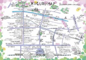 第5回KUGURU展の会場マップ。JR市川駅から真間エリアにかけての参加店舗や展示スポット、通りの位置関係が手描きでまとめられた案内図。