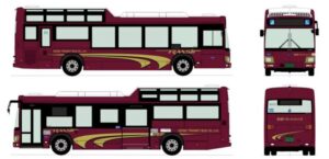 ファン!バス(FUN!BUS)の車両イメージ図、側面・前面・背面のデザインが掲載されている様子