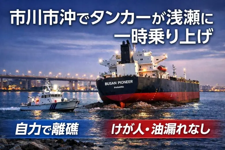 市川市沖でタンカーが浅瀬に一時乗り上げ｜けが人や油流出なし