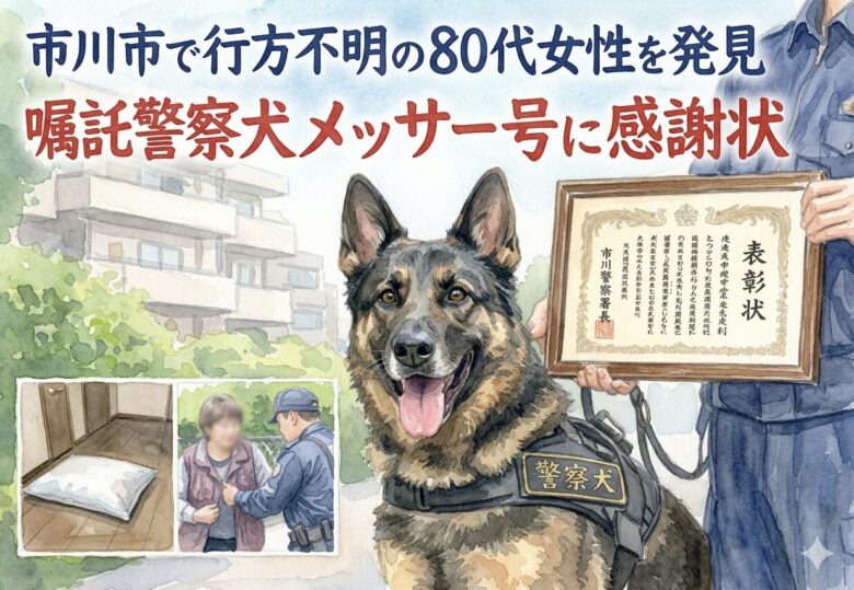 市川市で行方不明の80代女性を発見|嘱託警察犬メッサー号に感謝状