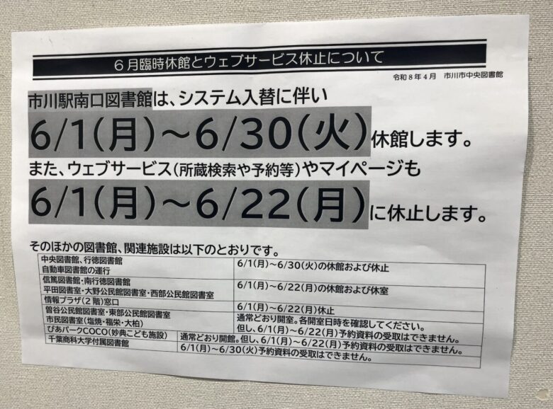 市川市の図書館が2026年6月に臨時休館｜ウェブサービス休止も実施へ