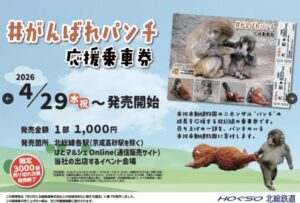 #がんばれパンチ応援乗車券の発売を知らせる北総鉄道のポスター。市川市動植物園のニホンザル「パンチ」の写真や、発売日、販売金額、販売場所などが掲載されている。