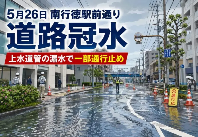 【5月26日】南行徳駅前通りで道路冠水｜上水道管の漏水により一部通行止め【市川市南行徳】