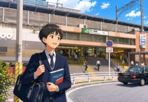 本八幡駅前で英語教材を持つ男子中学生のイラスト。市川市で中学生の英語対策を考える記事用画像