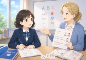 NOVA本八幡校の無料体験レッスンをイメージした、英語の授業を受ける中学生と講師のイラスト
