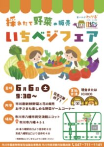 いちベジフェアの告知ポスター。2026年6月6日に市川市八幡市民交流館ニコットで開催、市川産新鮮野菜と花の販売や野菜ゲームコーナーを実施。