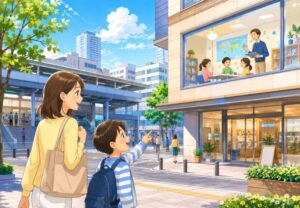 本八幡駅近くの街並みを背景に、子ども英会話教室へ向かう親子とレッスン風景を描いたイメージ画像