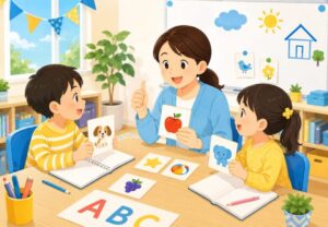 子どもたちが先生と一緒に英語カードやノートを使って楽しく学ぶ英会話レッスンのイメージ画像