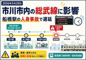 市川駅・本八幡駅にも影響、総武線で遅延｜船橋駅人身事故で2026年5月20日朝に運行乱れ