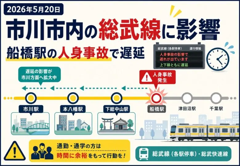 市川駅・本八幡駅にも影響、総武線で遅延｜船橋駅人身事故で2026年5月20日朝に運行乱れ