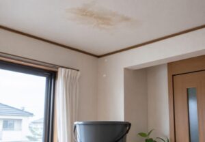 天井のシミから水滴が落ち、下に置いたバケツで受けている室内の雨漏り被害イメージ