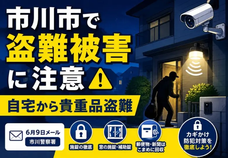 市川市で自宅から貴重品が盗まれる盗難被害｜市川警察署が6月9日の防犯メールで注意喚起