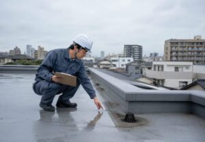 市街地を見渡す建物の屋上で、作業員が排水口まわりの状態を確認しながら点検している写真