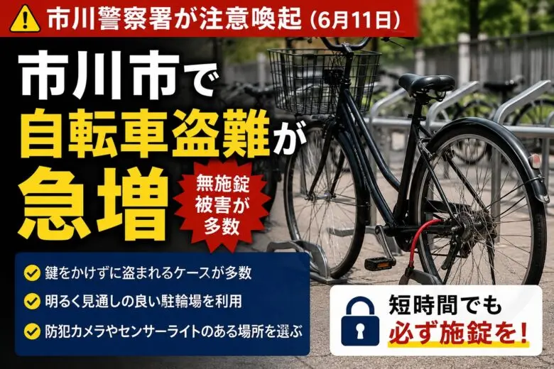 【市川市で自転車盗難が急増】2026年6月11日に市川警察署が注意喚起｜無施錠被害が多数
