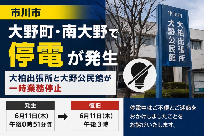 市川市大野町・南大野で停電｜大柏出張所と大野公民館が一時業務停止｜6月11日午後3時に復旧