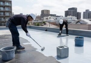 建物の屋上で2人の作業員が防水材を塗り広げながら防水工事を進めている写真